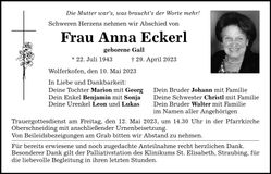 Traueranzeige Anna Eckerl