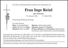 Traueranzeige Inge Reinl