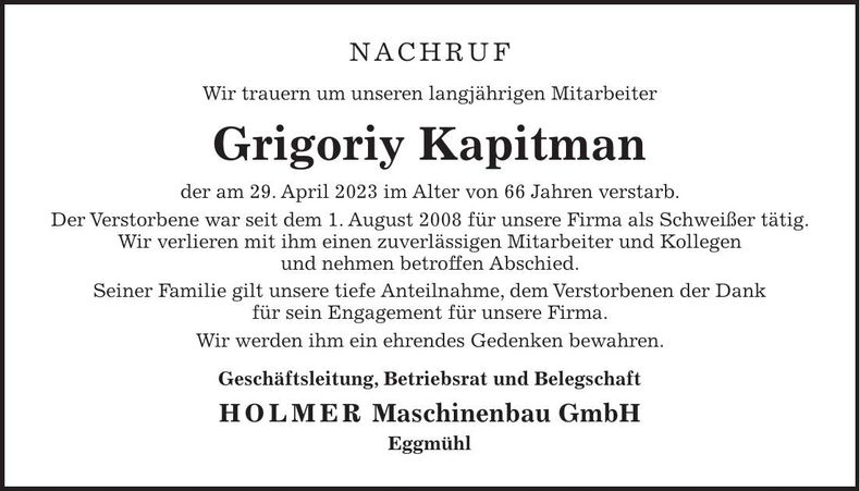 Traueranzeige Grigoriy Kapitman