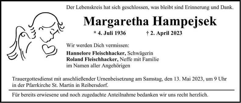 Traueranzeige Margaretha Hampejsek