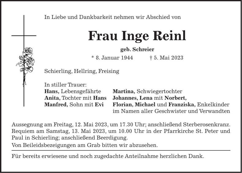 Traueranzeige Inge Reinl
