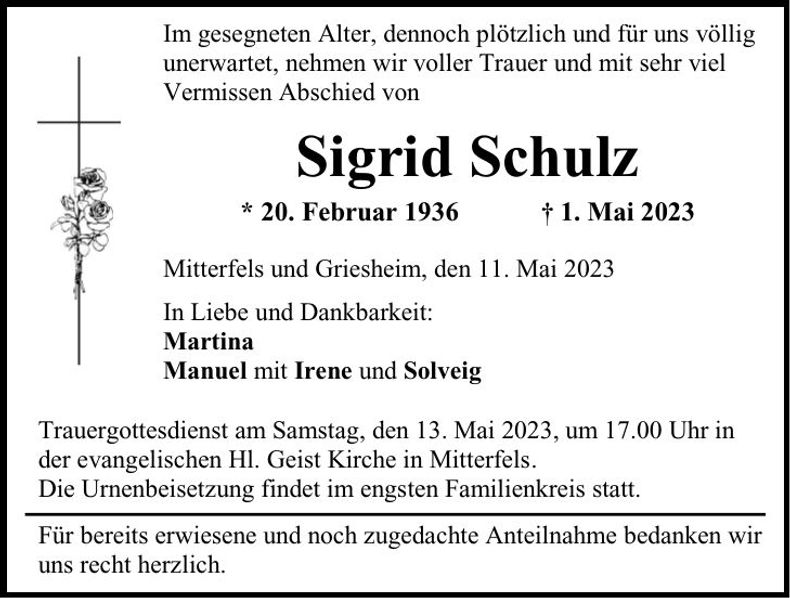 Traueranzeige Sigrid Schulz