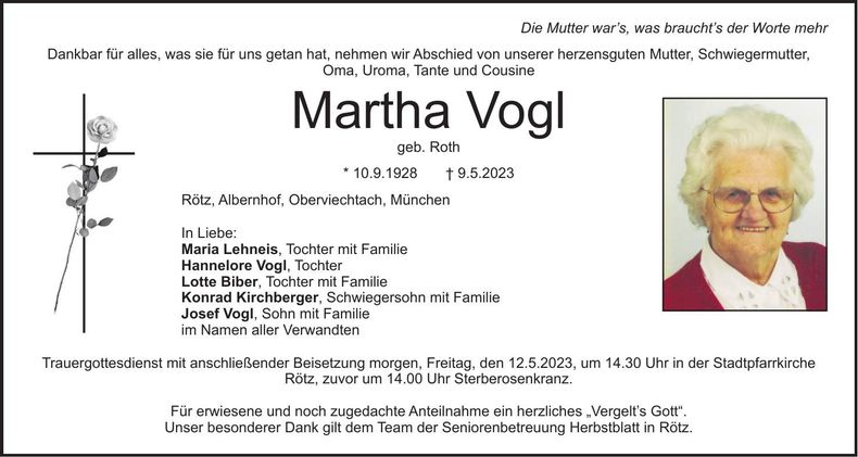 Traueranzeige Martha Vogl