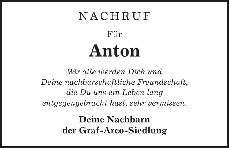 Traueranzeige Anton Stinglhammer
