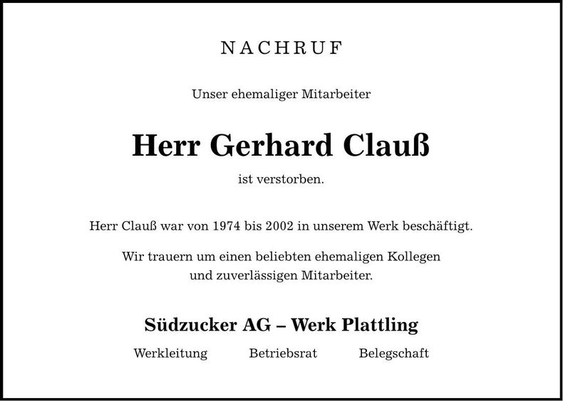 Traueranzeige Gerhard Clauß