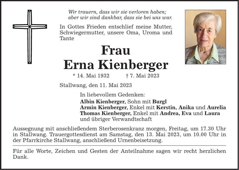 Traueranzeige Erna Kienberger
