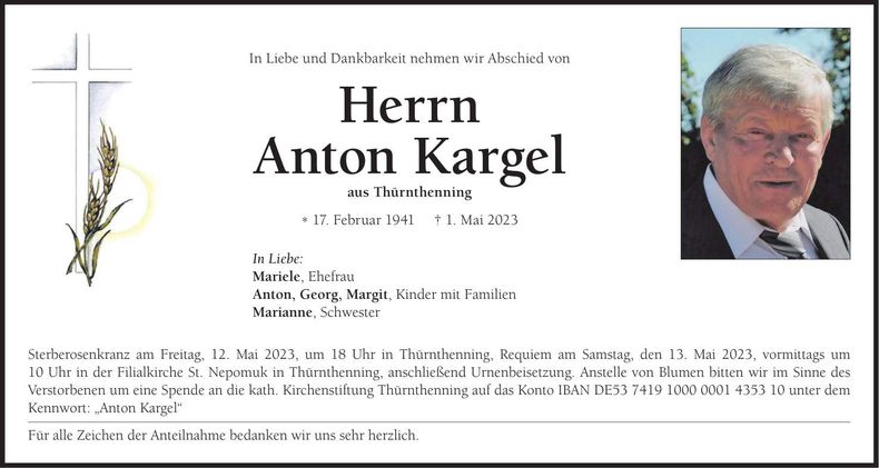 Traueranzeige Anton Kargel