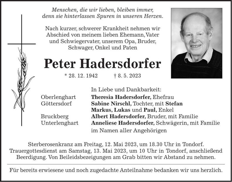 Traueranzeige Peter Hadersdorfer
