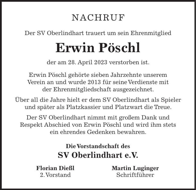 Traueranzeige Erwin Pöschl