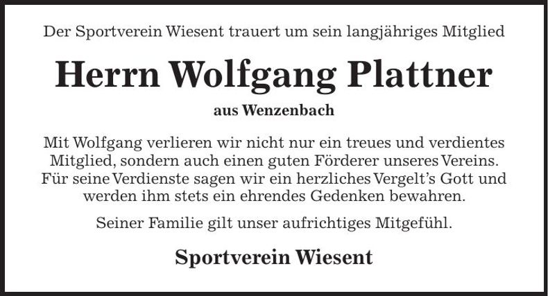 Traueranzeige Wolfgang Plattner