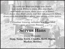 Traueranzeige Hans Bernhard