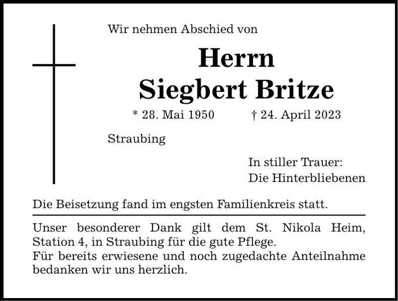 Traueranzeige Siegbert Britze