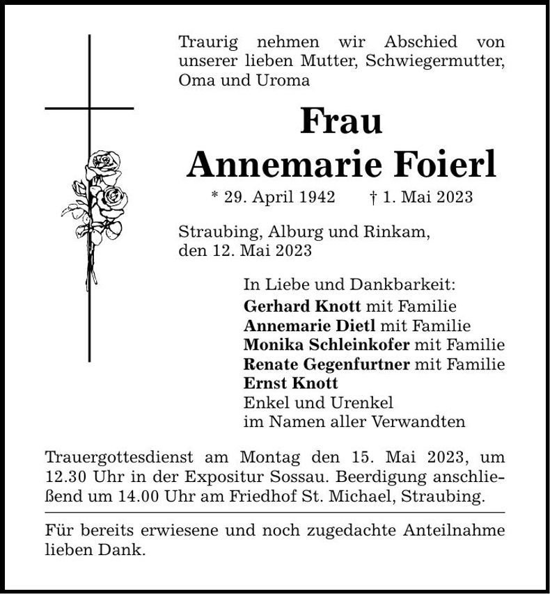 Traueranzeige Annemarie Foierl