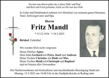Traueranzeige Fritz Mandl