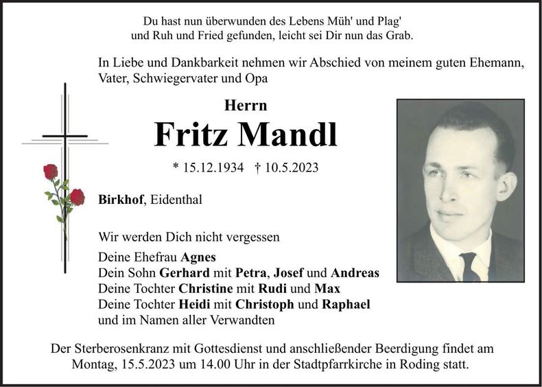 Traueranzeige Fritz Mandl