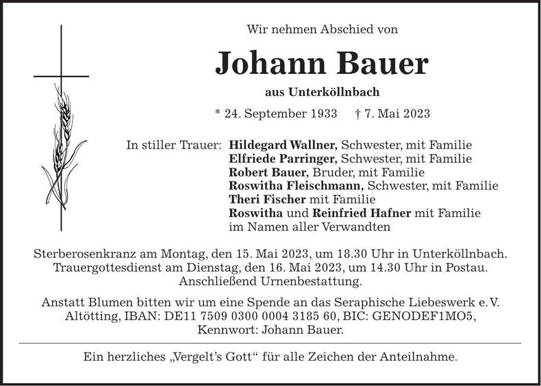 Traueranzeige Johann Bauer