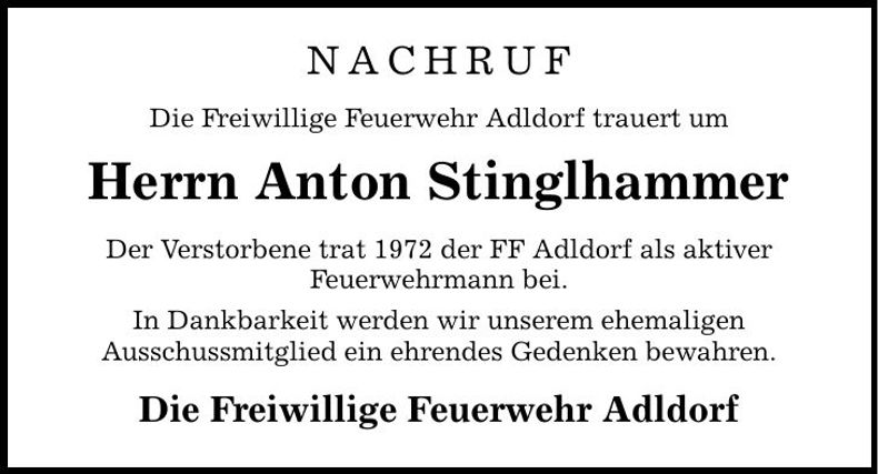 Traueranzeige Anton Stinglhammer