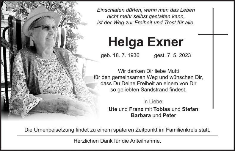 Traueranzeige Helga Exner