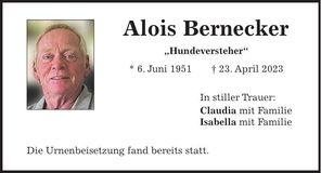 Traueranzeige Alois Bernecker