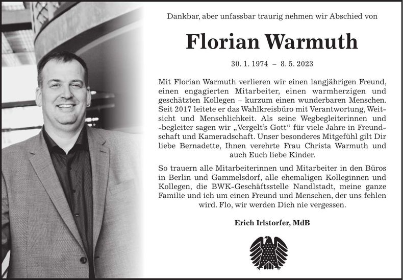 Traueranzeige Florian Warmuth