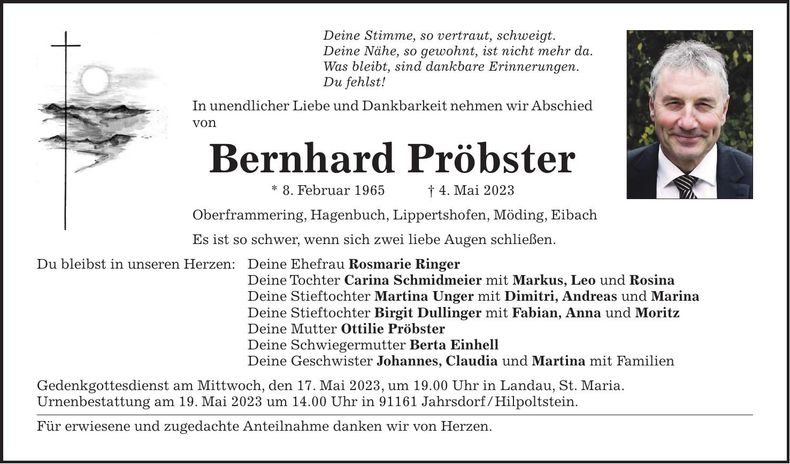 Traueranzeige Bernhard Pröbster