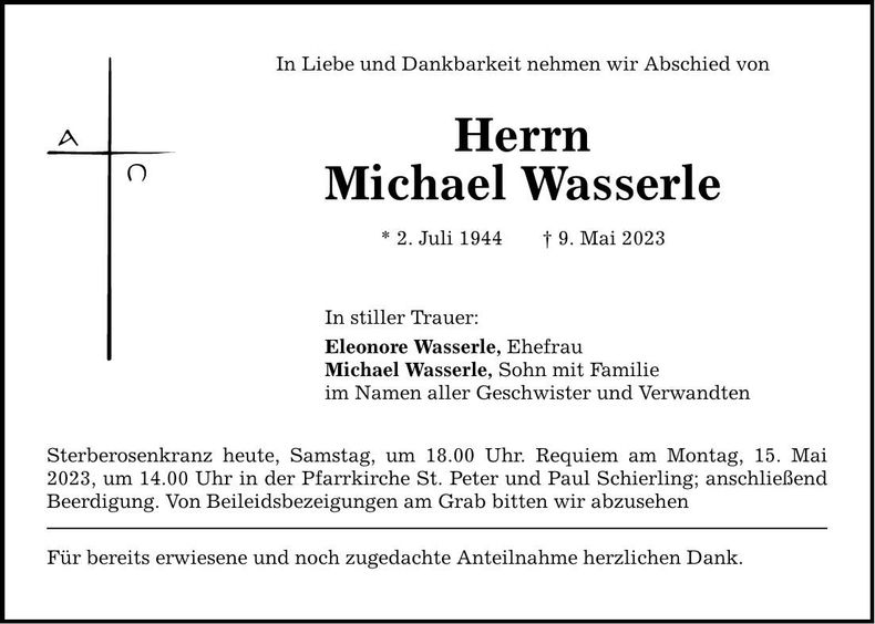 Traueranzeige Michael Wasserle