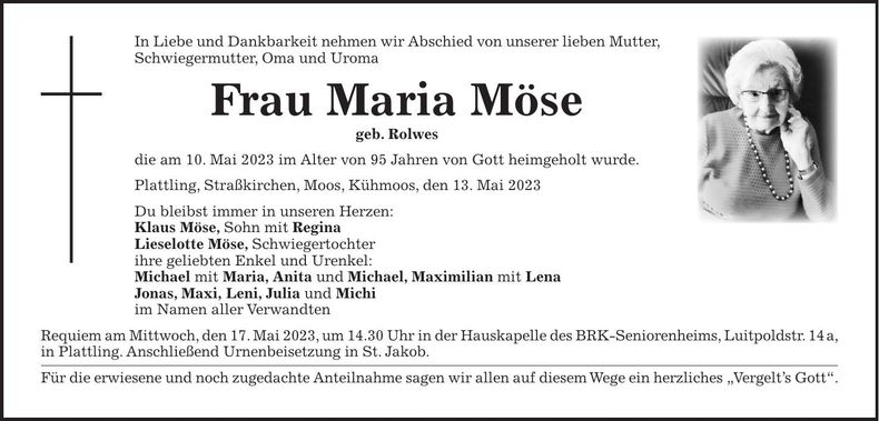 Traueranzeige Maria Möse