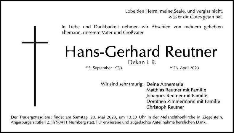 Traueranzeige Hans-Gerhard Reutner