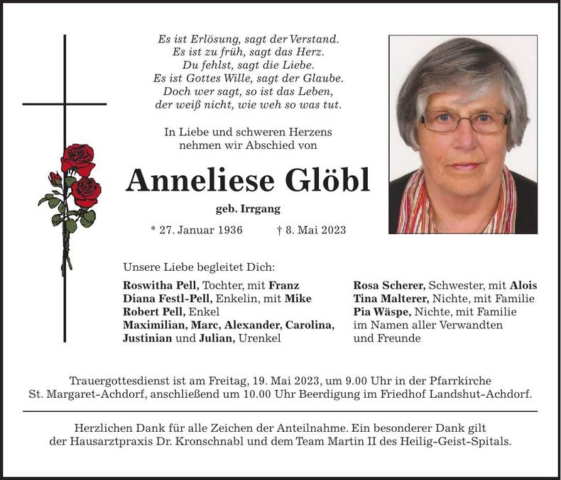 Traueranzeige Anneliese Glöbl
