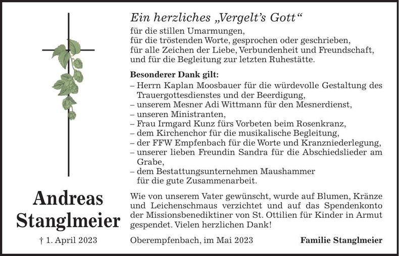 Traueranzeige Andreas Stanglmeier