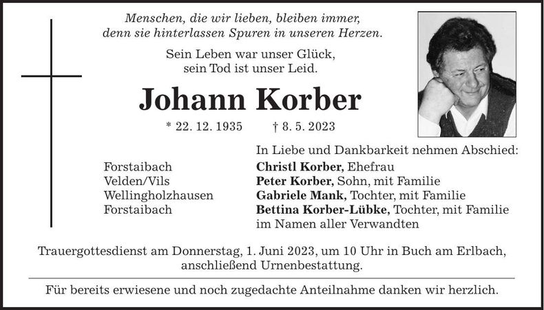 Traueranzeige Johann Korber