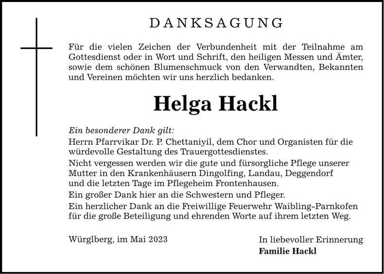 Traueranzeige Helga Hackl