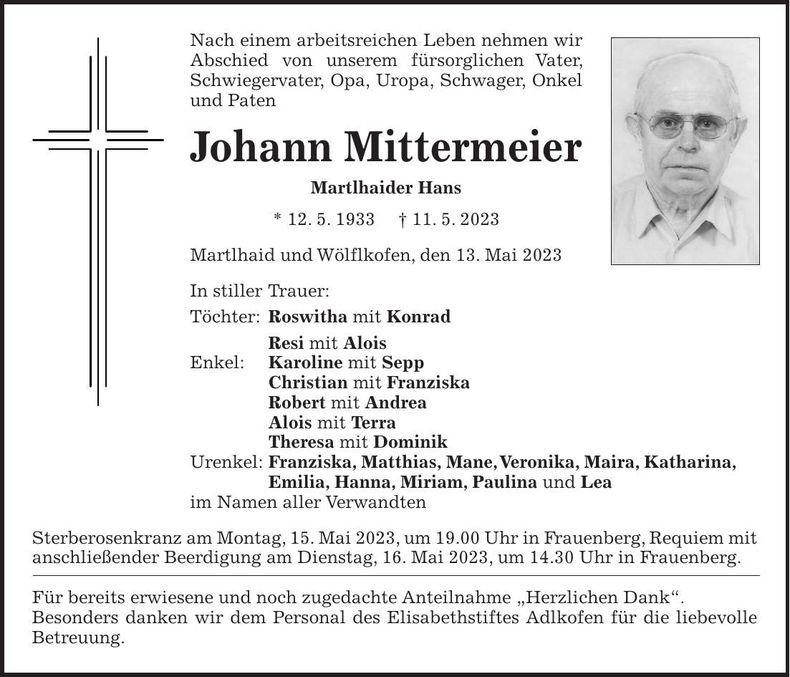 Traueranzeige Johann Mittermeier