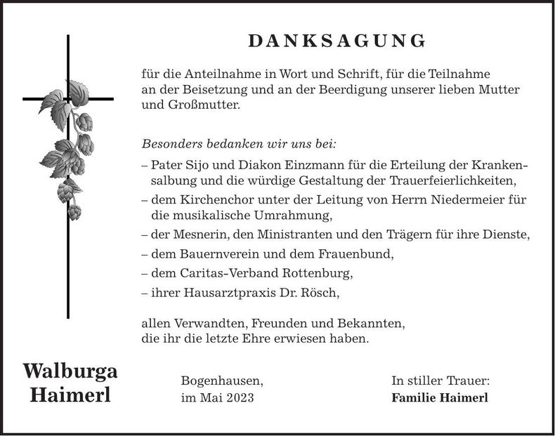 Traueranzeige Walburga Haimerl