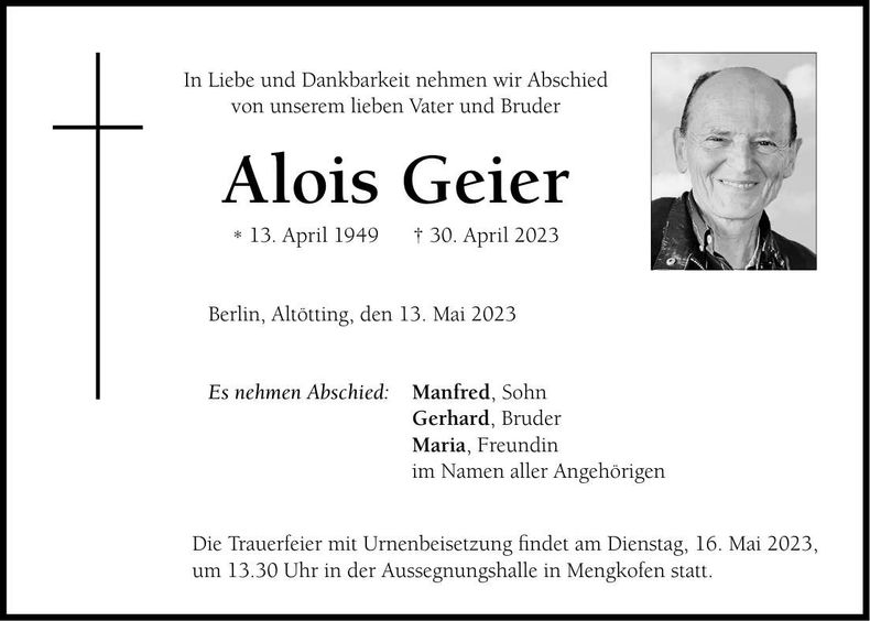Traueranzeige Alois Geier