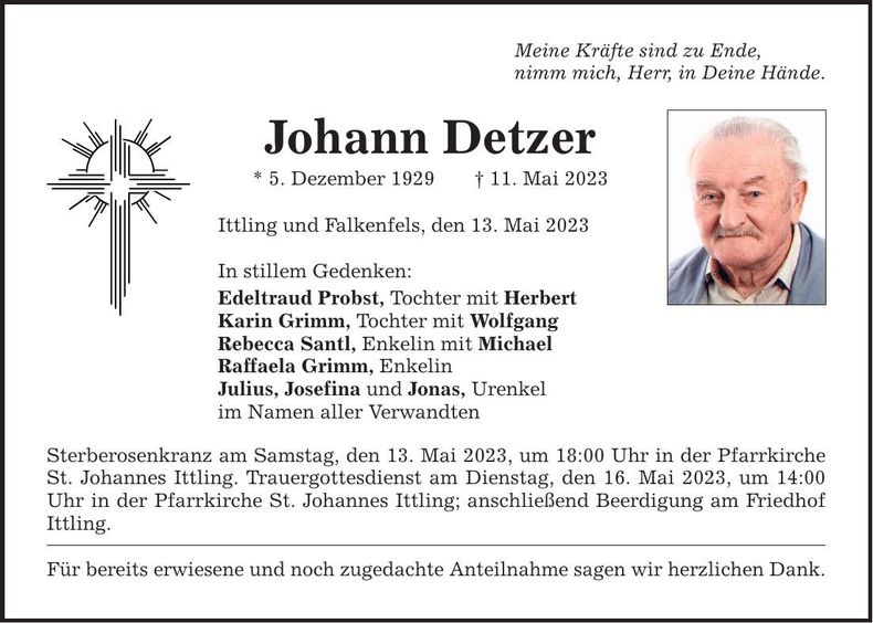 Traueranzeige Johann Detzer
