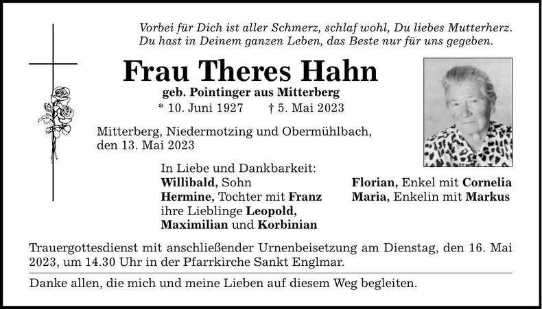 Traueranzeige Theres Hahn