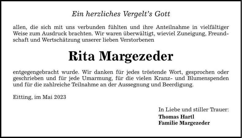 Traueranzeige Rita Margezeder