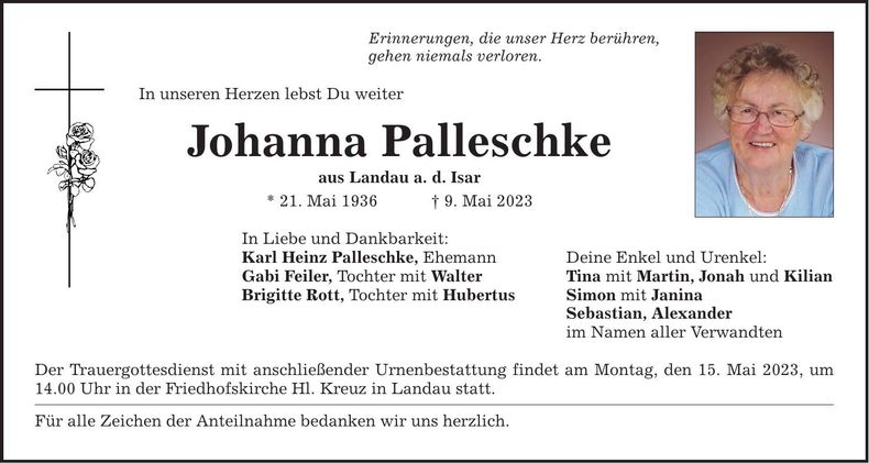 Traueranzeige Johanna Pallescheke