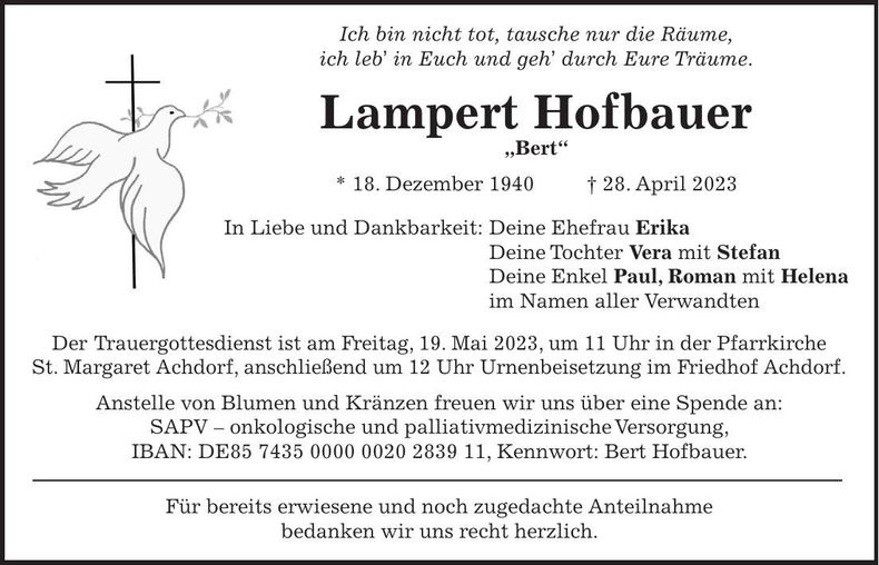 Traueranzeige Lampert Hofbauer
