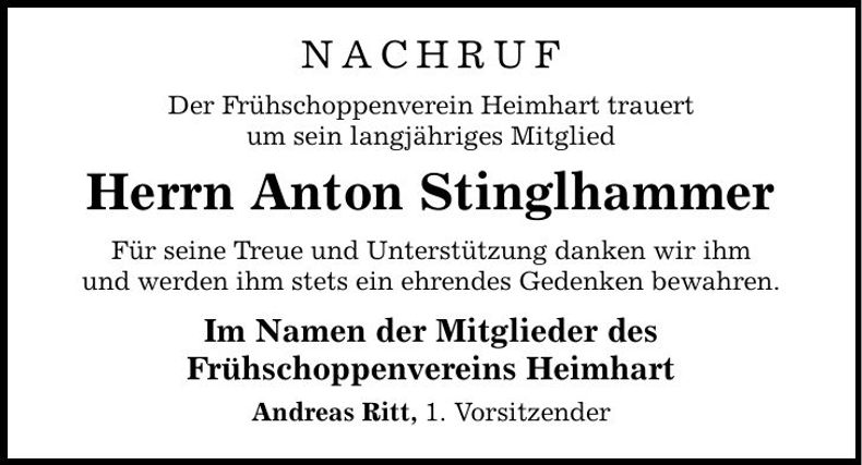 Traueranzeige Anton Stinglhammer