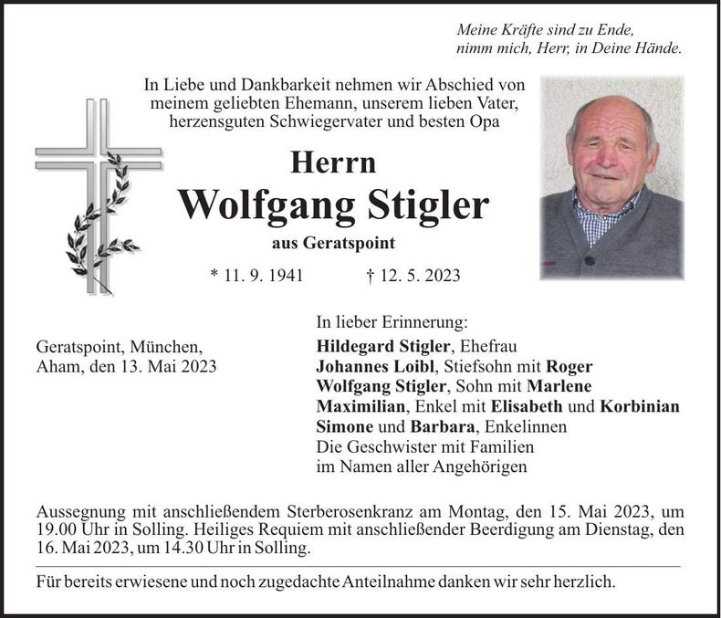Traueranzeige Wolfgang Stigler