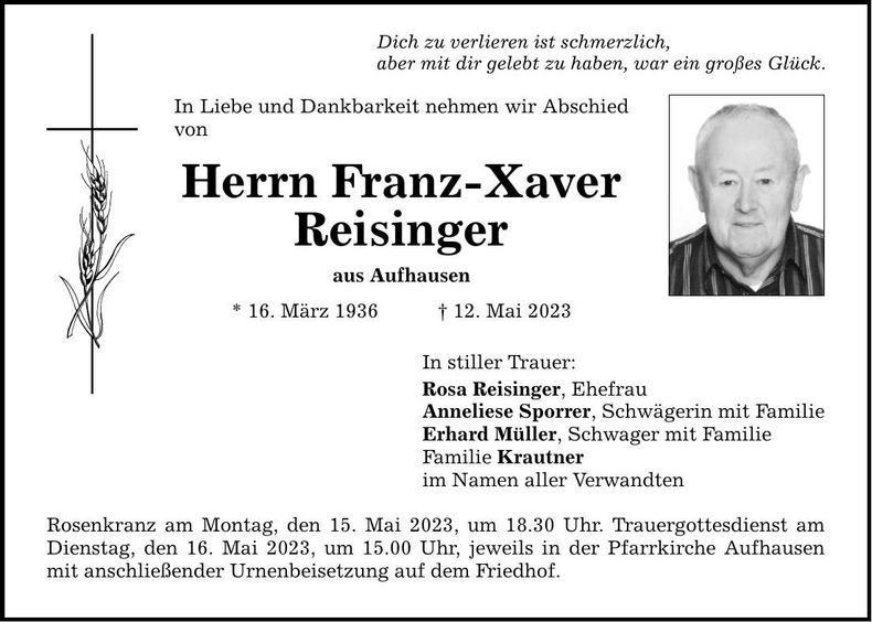 Traueranzeige Franz-Xaver Reisinger