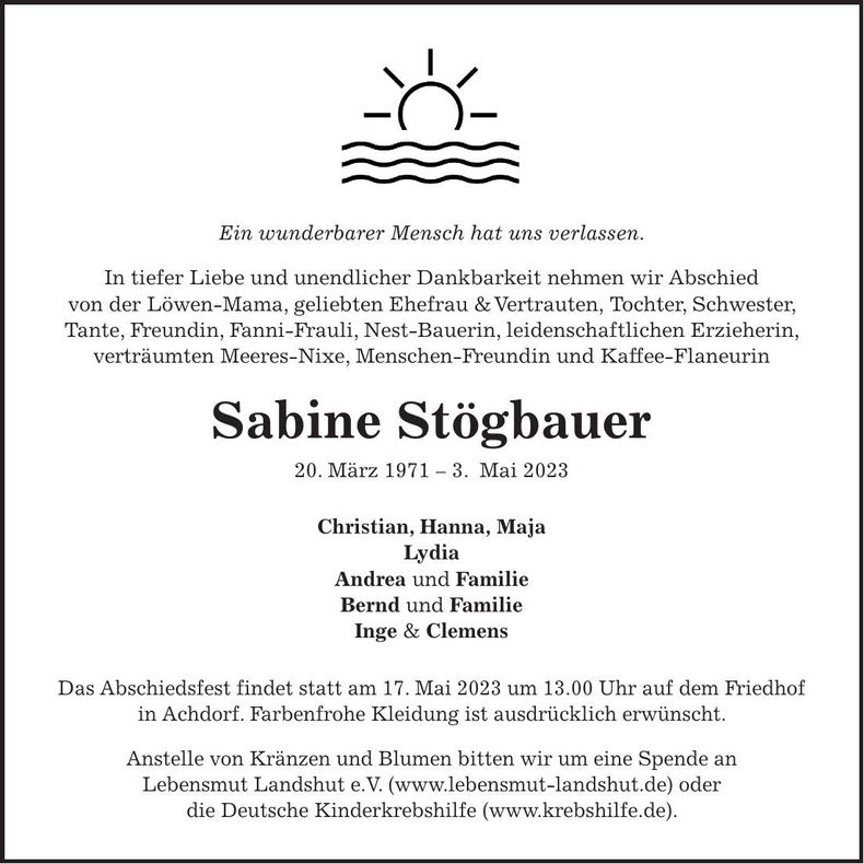 Traueranzeige Sabine Stögbauer