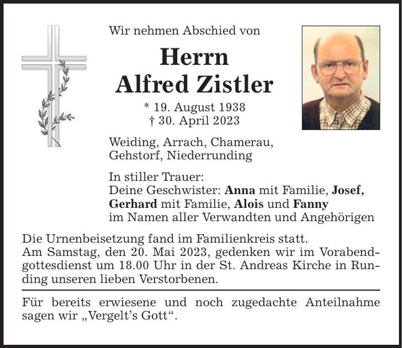 Traueranzeige Alfred Zistler