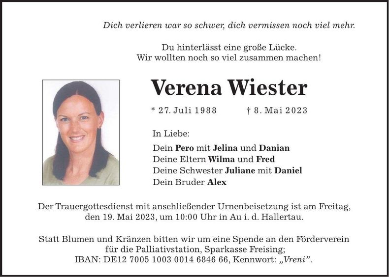 Traueranzeige Verena Wiester