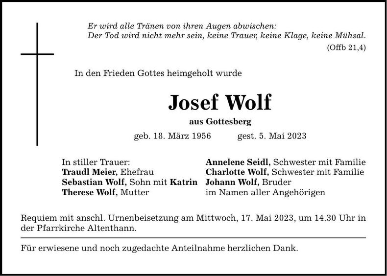 Traueranzeige Josef Wolf