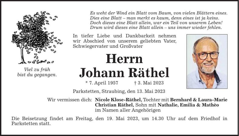 Traueranzeige Johann Räthel