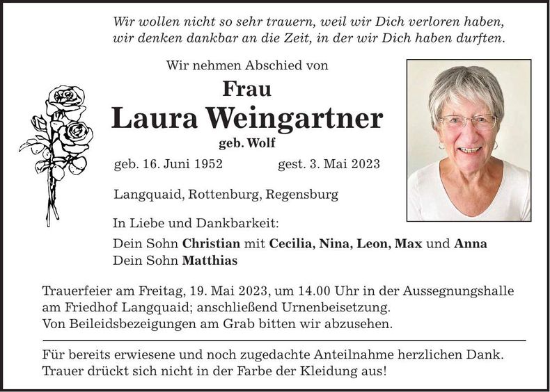 Traueranzeige Laura Weingartner