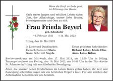 Traueranzeige Frieda Beyerl